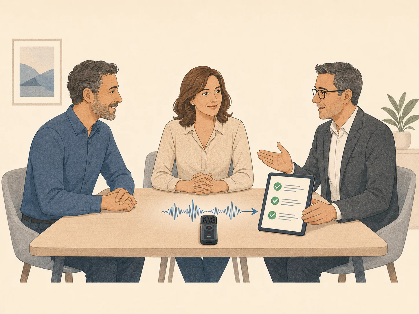 Illustration eines offen aufgezeichneten Meetings mit anschließendem Aufgabenblatt